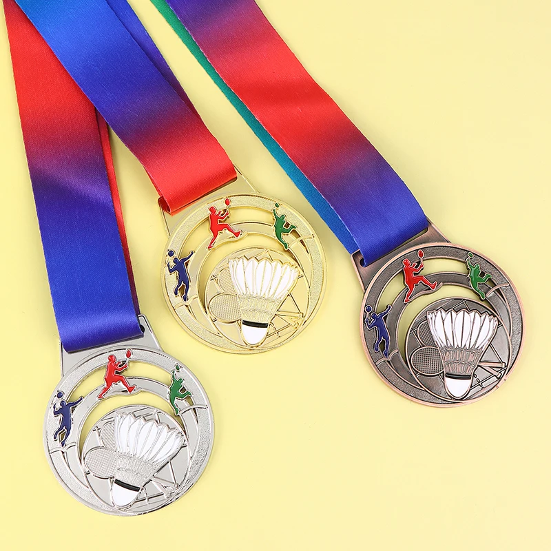 Medaglie premio badminton in metallo 1 pezzo con nastro al collo Premi in bronzo oro argento Medaglia premio per giochi di competizioni sportive per bambini