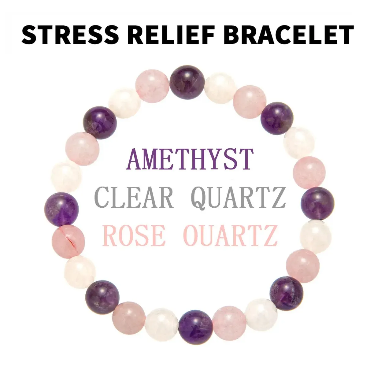 6 Styles Stress Relief Bracelet: Amethyst,Black Tourmaline,Clear Quartz,Hematite,Lepidolite,Rose Quartz