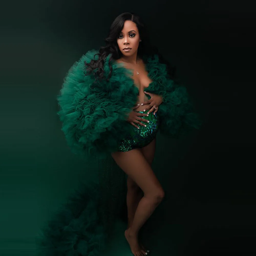 Emerald Green Ruffles Trimmed Tulle Long Jacket Female  Jacket Female Top Maternity Jacekt To Photoshoots Outwear Outfit