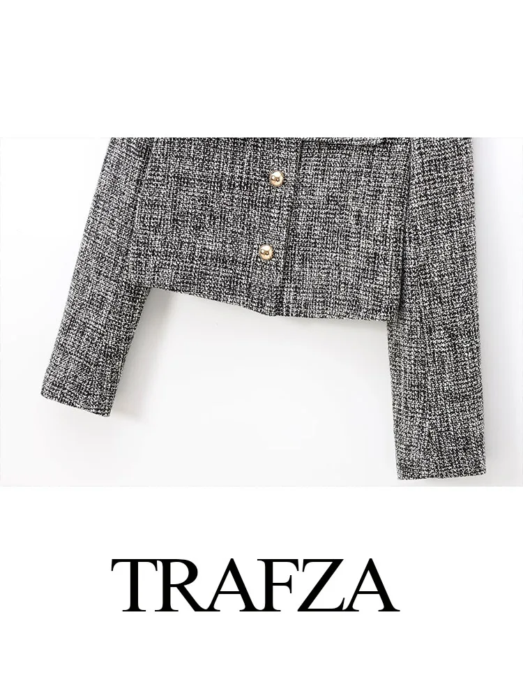 TRAFZA-Manteau Court à Carreaux pour Femme, Veste Décontractée à Manches sulf, Boutonnage Simple, Poches Décoratives, Automne