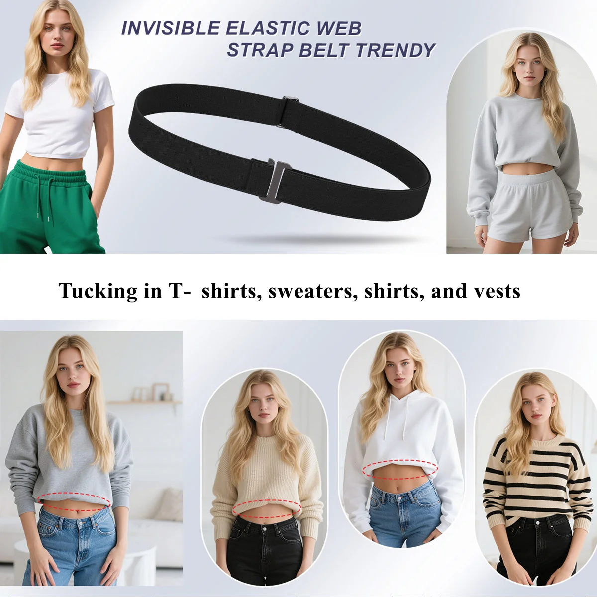 Crop Top Tuck Band,Elastic Stretch Belts for Women, Invisible Strap Tucking Shirts Belt with Flat Buckle for Jeans Pants Dresses
