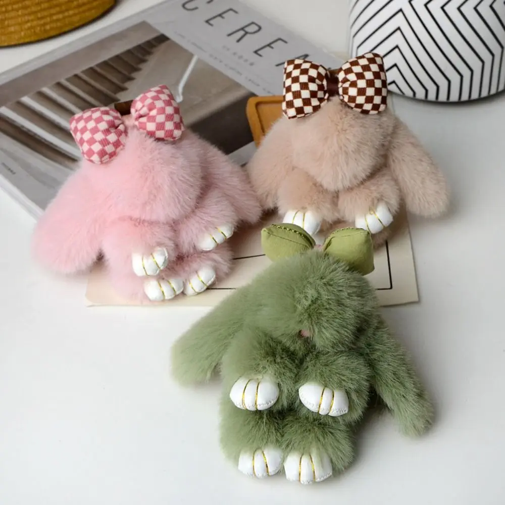 Animal Shape Fashion Pluff Bunny Keychain Lovely Fluffy Play Dead Rabbit Doll Bowknot Smooth Rabbit Fur Keychain Girlfriend