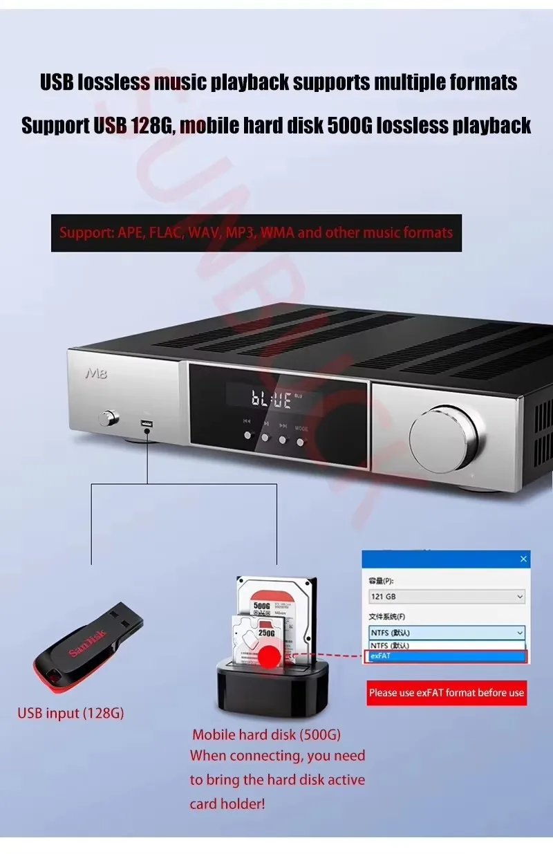 SUNBUCK M8 TPA3251D2 2.1 パワー 500 ワットアンプファイバー同軸 USB Bluetooth アンプリモコンクラス D HiFi ステレオオーディオアンプ