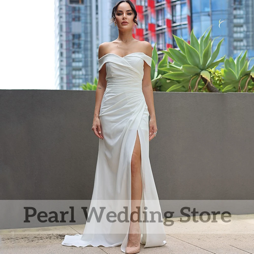 Vestido de novia plisado con hombros descubiertos, Raja lateral alta de novia Sexy hasta el suelo, espalda descubierta con cremallera, vestidos personalizados