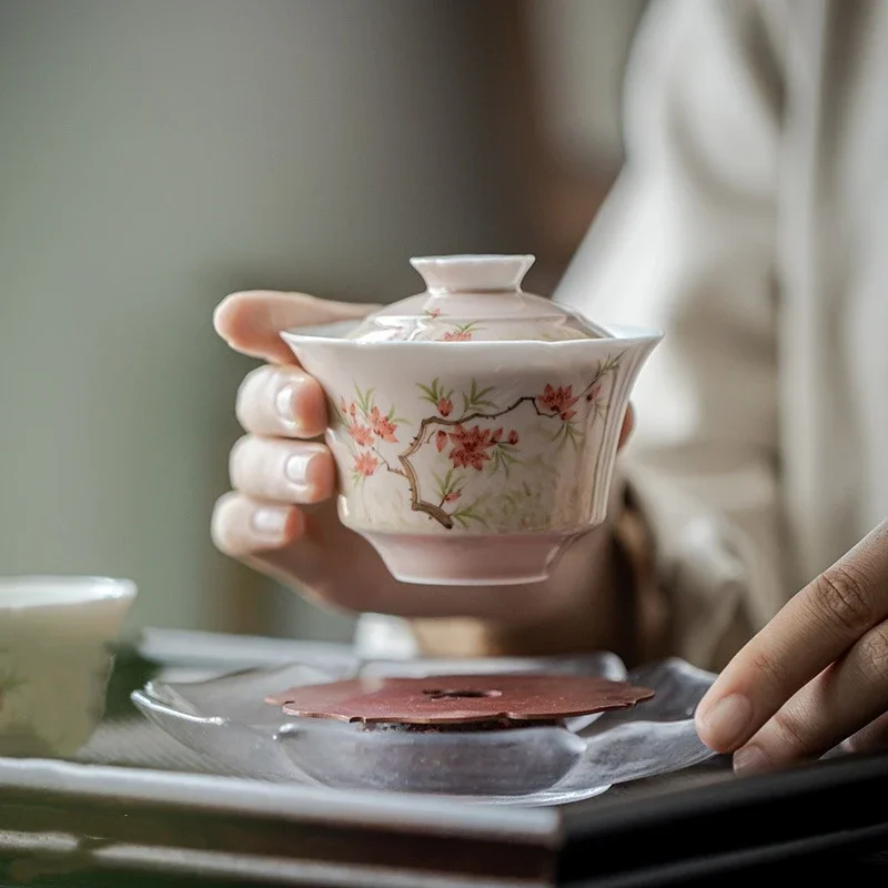

Hand Painted Peach Blossom Gaiwan For Tea Ceramic Tureen Teaware Set Pink Chinese Tea Bowl Chawan Lily Deng's Store Tea Cup