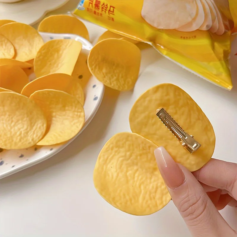 4pcs Simulated Potato Chip Hair Clips, Fun Novelty Snack Hairpins for Photo Props, Party Accessory, Creative Non-Slip Hair Decor