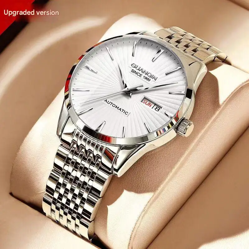 ساعة Guanqin ساعة ميكانيكية للرجال أوتوماتيكية بالكامل مقاومة للماء وإضاءة ليلية عصرية متدرجة اللون ساعة رجالية بسيطة ذات جودة سويسرية