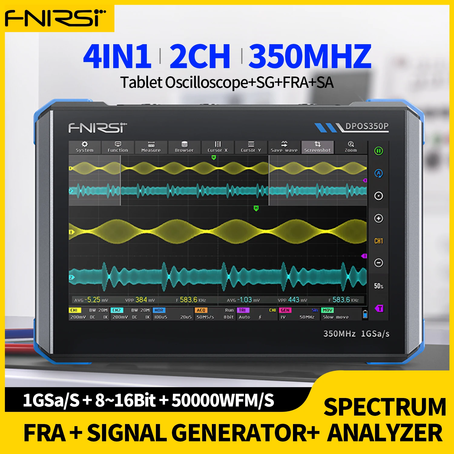 FNIRSI DPOS350P Osciloscopio digital de tableta 4 en 1 Generador de señal de 2 canales 350 MHz, analizador de espectro, analizador de respuesta de frecuencia