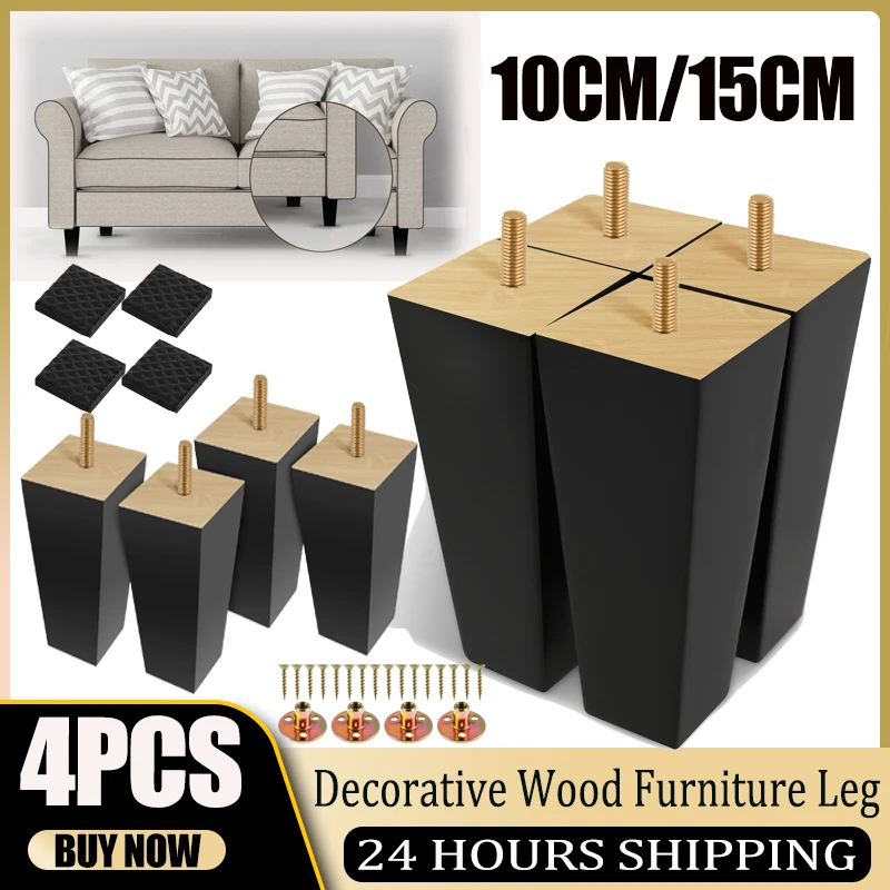 4Pcs Wood Furniture Legs 4/6 inch Solid Hardwood Sofa Legs Non-Slip Table Legs Furniture Replacement Legs for Coffee Table Sofa