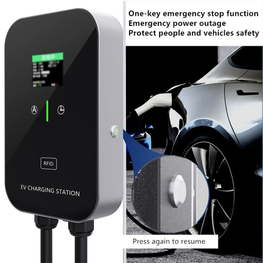 EV Charging Station 32A 1Phase Electric Vehicle Car Charger EV Wallbox Wallmount 5M 7KW Type-1 Cable SAE J1772 LCD Screen