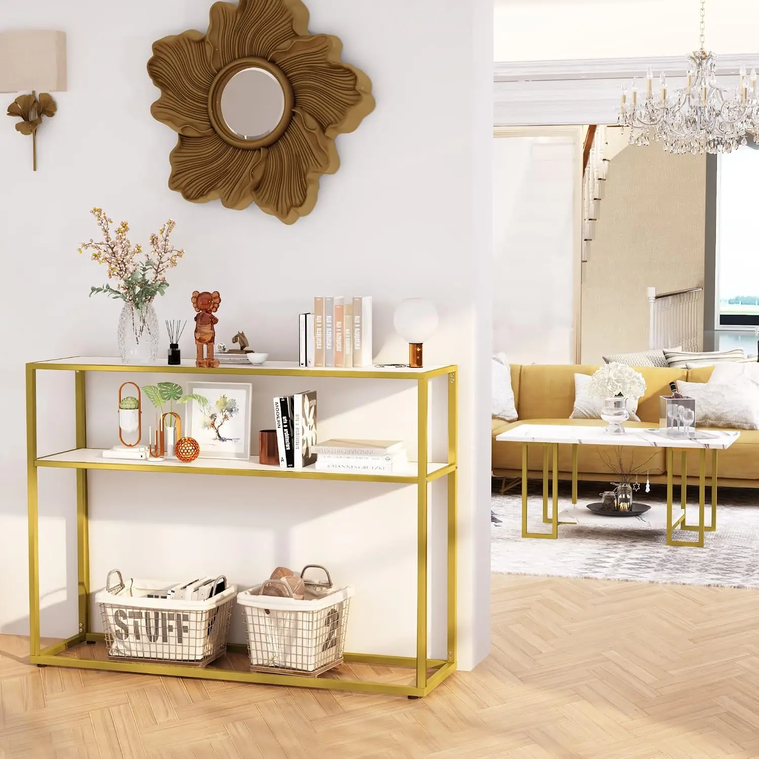 Faux Marble Coffee Table & Side Table & Console Table Set of 3, Modern Gold Metal Frame, Rectangle, White & Gold, Customized