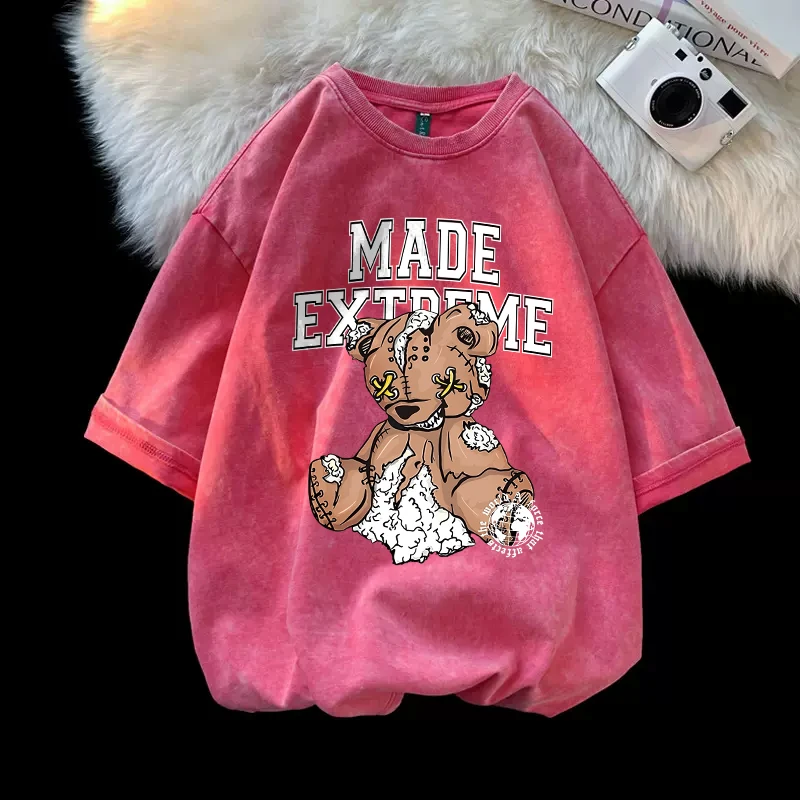 Street Women Cotton Washed T-Shirt Made Extreme Broken Teddy Bear Doll Print Tee Shirt Fashion Loose Tops Casual Female Clothes