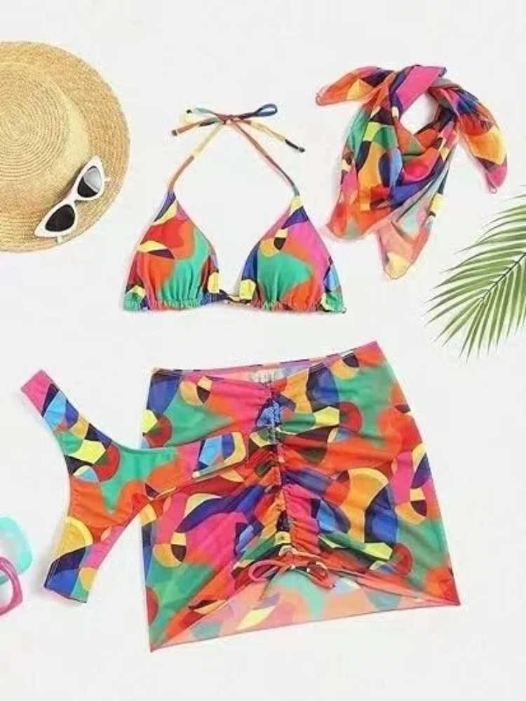 Sexy Matching 4-Piece Bikini Set with Headscarf & Cover Up 2026 Vibrant Tropical Print High Waisted Beach Swimsuit Boho Swimsuit