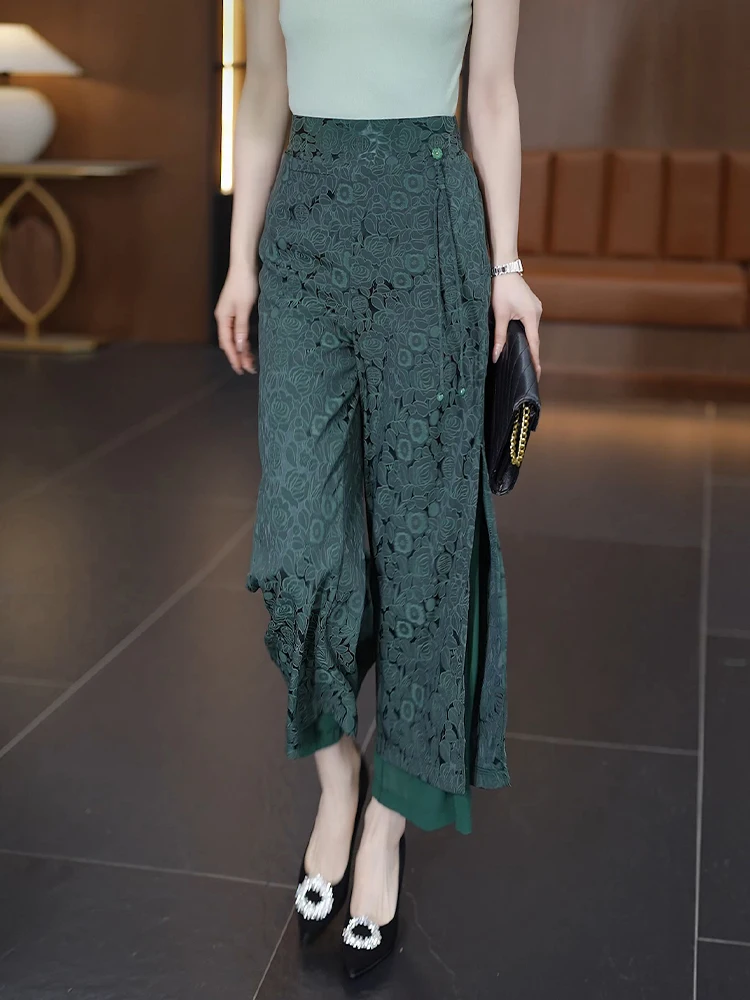 

Summer Thin Ice Silk Wide Leg Pants High Waist Drapey Straight Cut Ladies Fashion Nine Points Trousers Korean Style Commute Wind