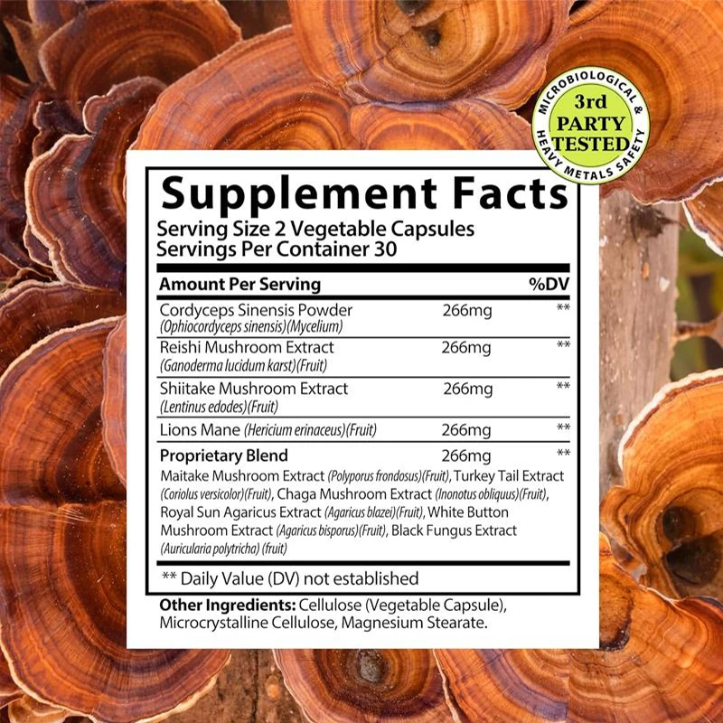 Cápsulas de suplemento de mushroom y crinera de león con mezcla de mejora inmune de extracto de setas de abedul y polvo de cordyceps-60 cápsulas