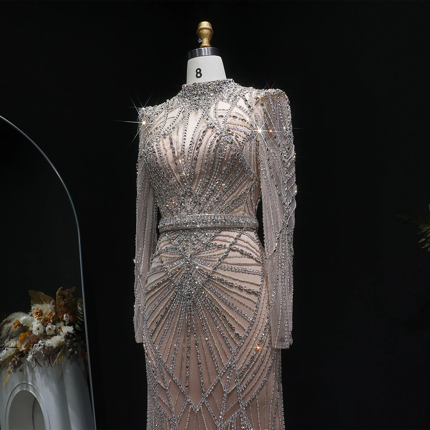 Sharon Said Luxuriöses Weinrotes Abendkleid mit Perlen-Kristall-Verzierung Elegantes Champagner-Festkleid für Damen SS186 Maßanfertigung – Detail 8