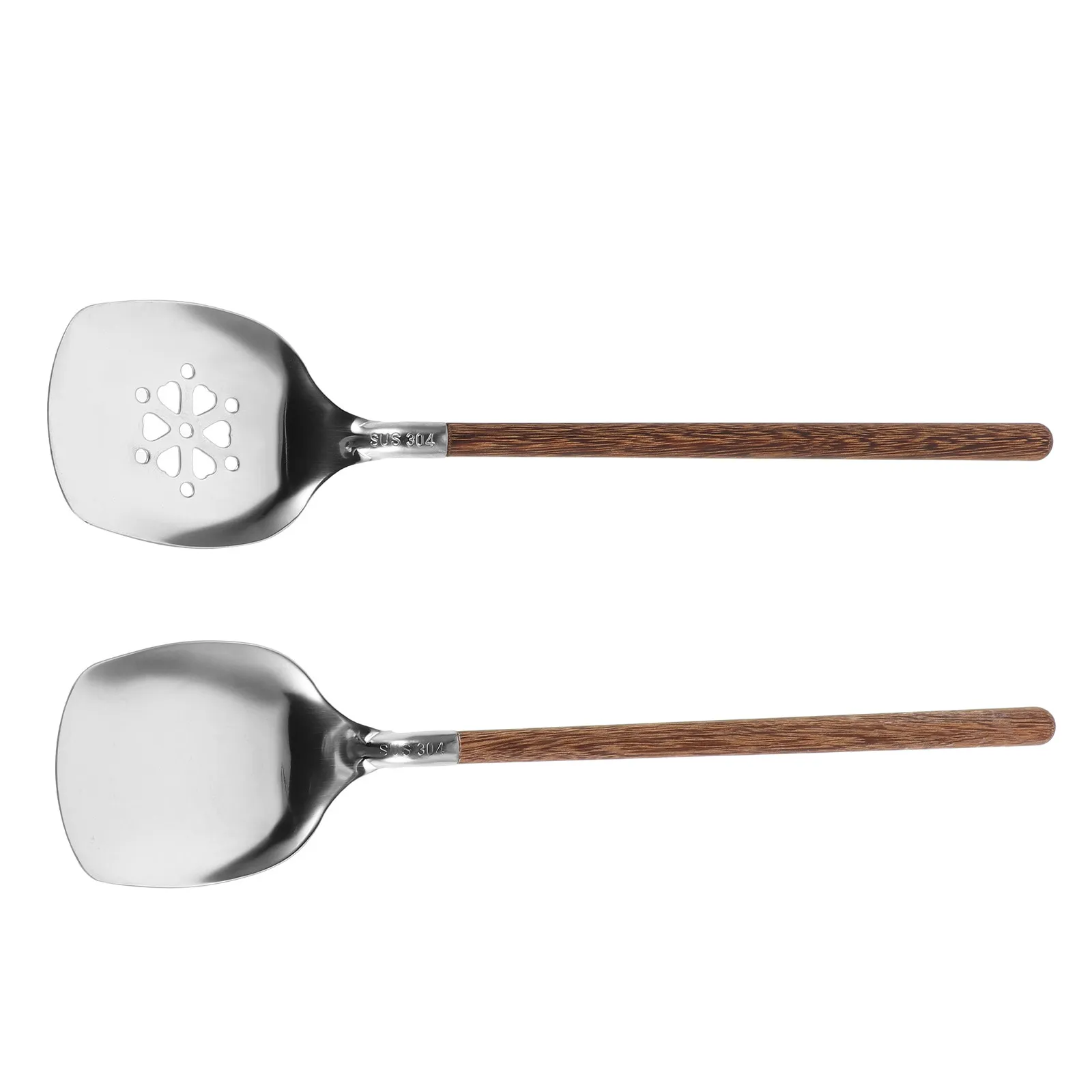 2Pcs Slotted Stainless Steel Serving Spoons 11.8x2.4in Wood Handle Perforated Buffet Kitchen Utensils Restaurant Catering