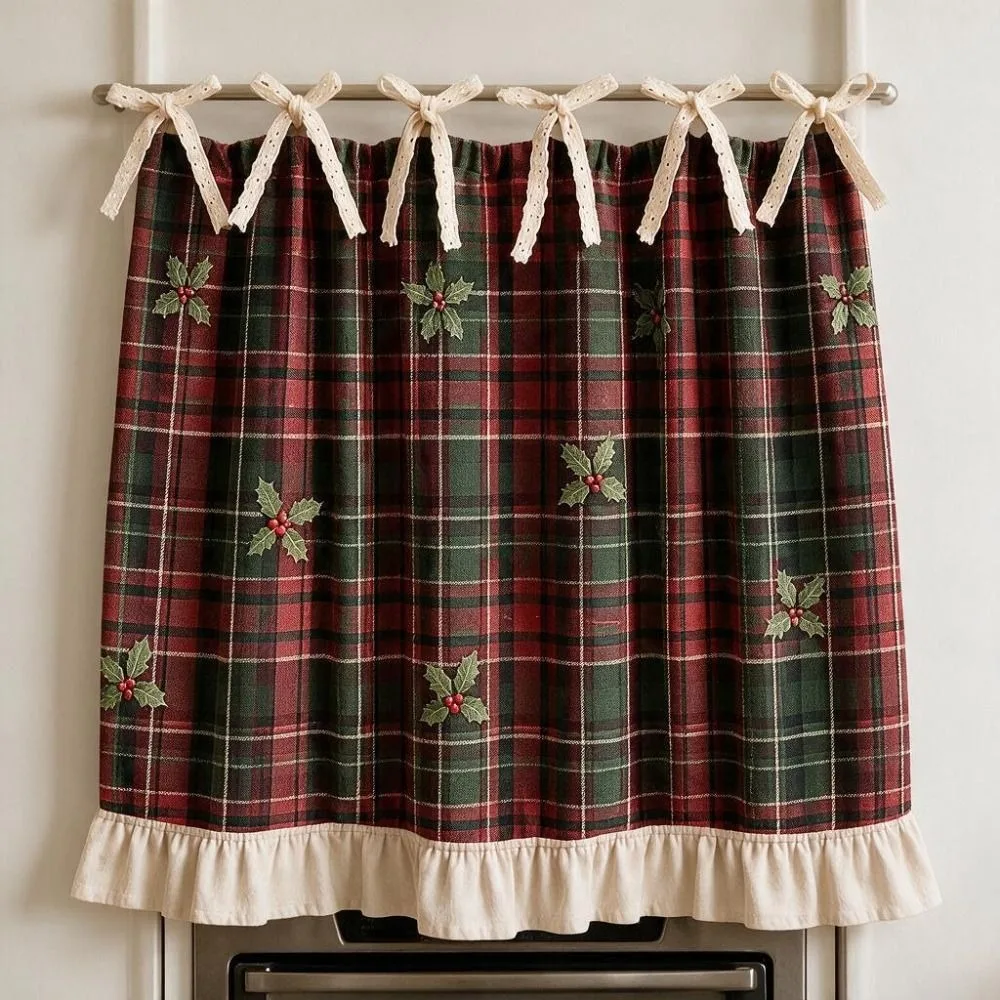 Xmas Tree Snowflake Printed Christmas Oven Short Curtain Ruffled Edge American Countryside Style Farmhouse Oven Skirt Decorative