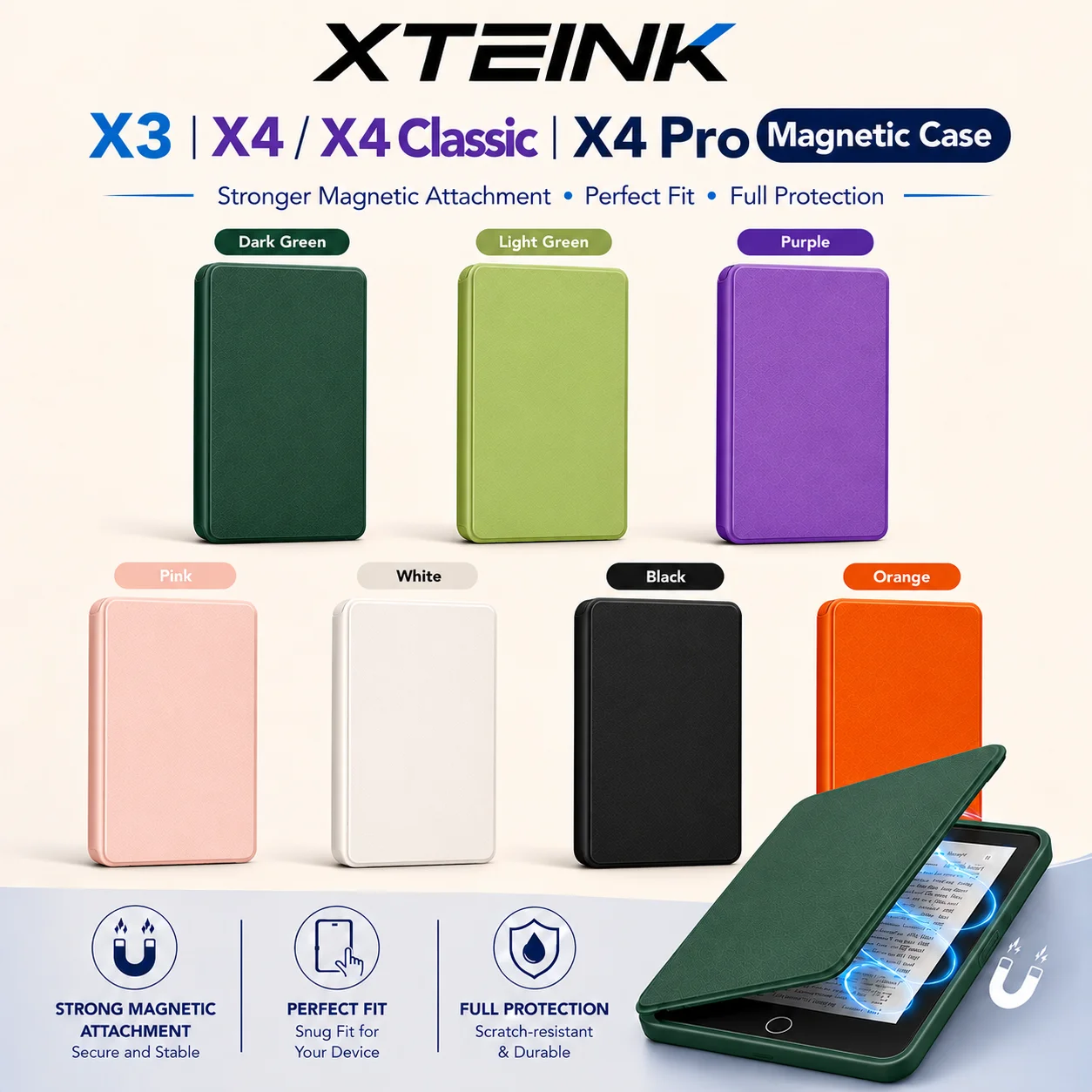 XTEINK Magnetic Case for X3 X4 Classic X4 Pro E-Reader Slim Shockproof Protective Cover, Strong Magnetic Design, Multiple Colors