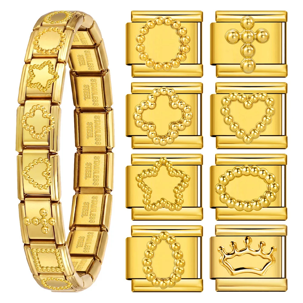 GEMOSA Gold Plated Frame Rectangle Heart Shape Italian Charm Link Fit 9mm Bracelet Making Stainless Steel Jewelry Accessories