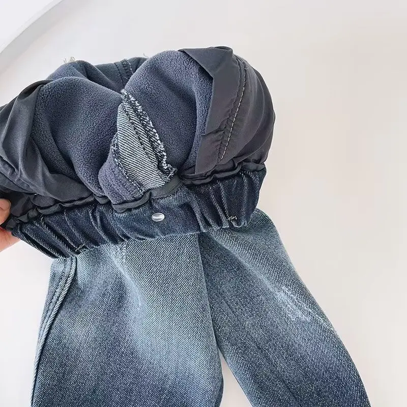 

Winter Velvet Lined Boys Jeans Pants High Waist Warm Vintage Thick Plush Kids Denim Trousers Elastic Waist Children's Clothing