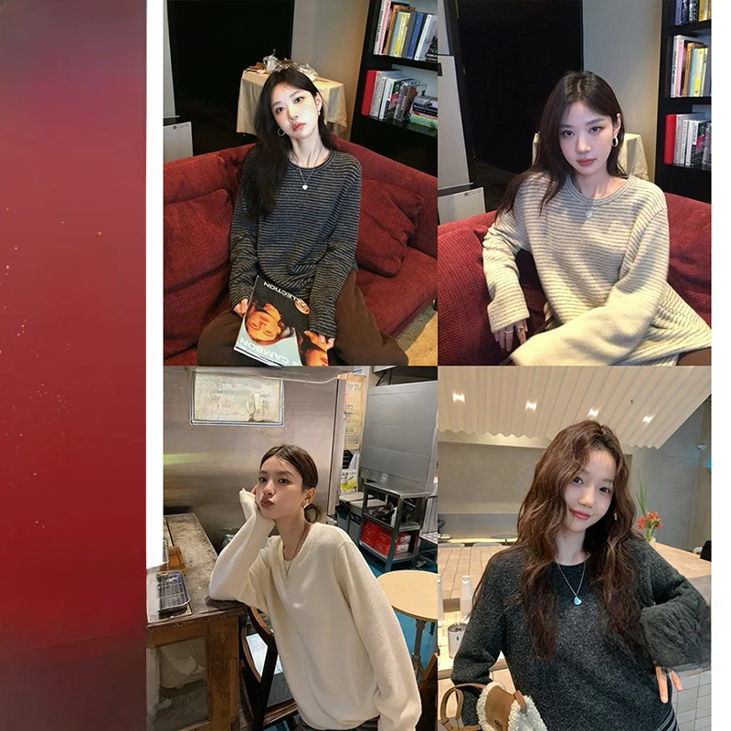 

Двусторонний пушистый ретро-свитер в полоску для женщин, с круглым вырезом, мягкий и уютный, дизайн Чжан Бэйбэй, зимний модный женский свитер