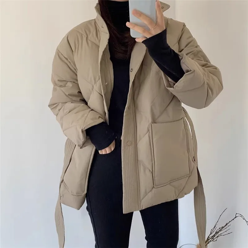 Winter Down Parkas Korean Women Belted Solid Loose Thicken Warm Cotton Padded Jackets Winter Warm Coats Female Outerwear C-001