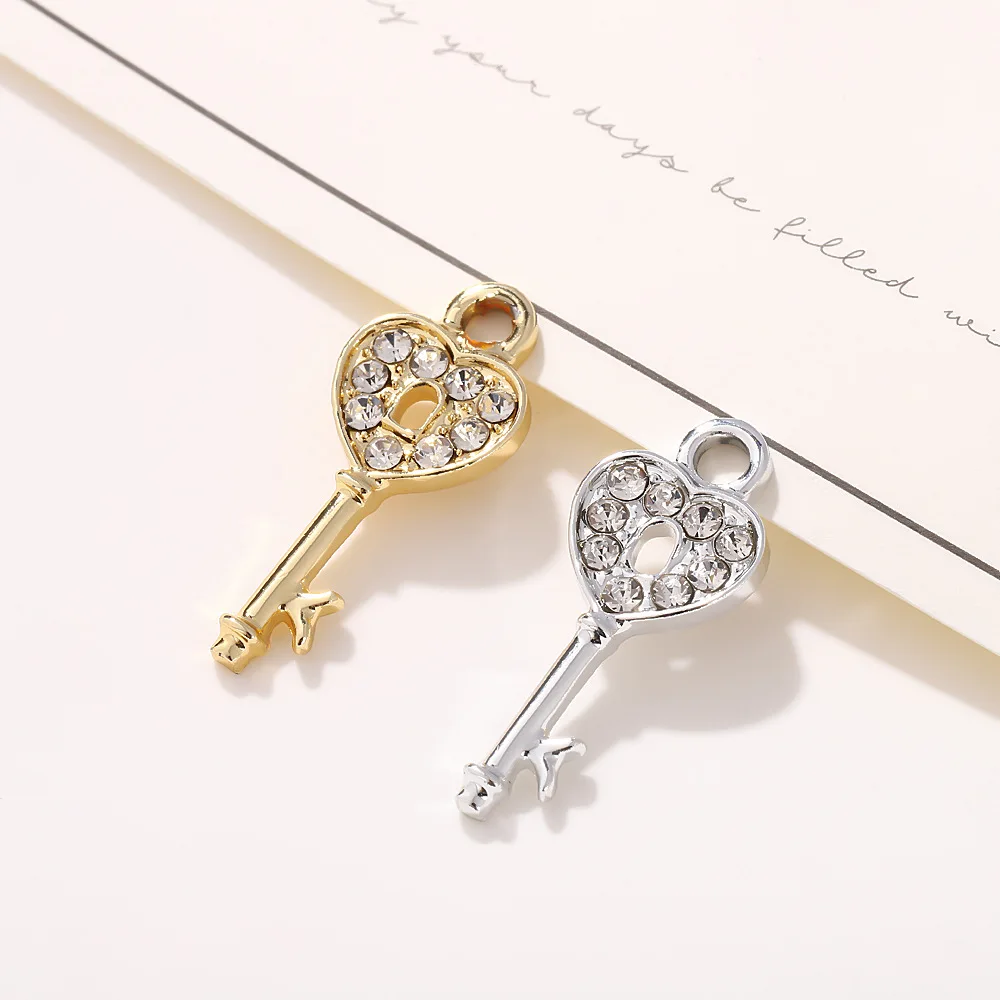 10pcs/Lot Alloy Heart Key Pendants with Crystal Rhinestone Charms for Necklace Earrings DIY Jewelry Making Findings Accessories