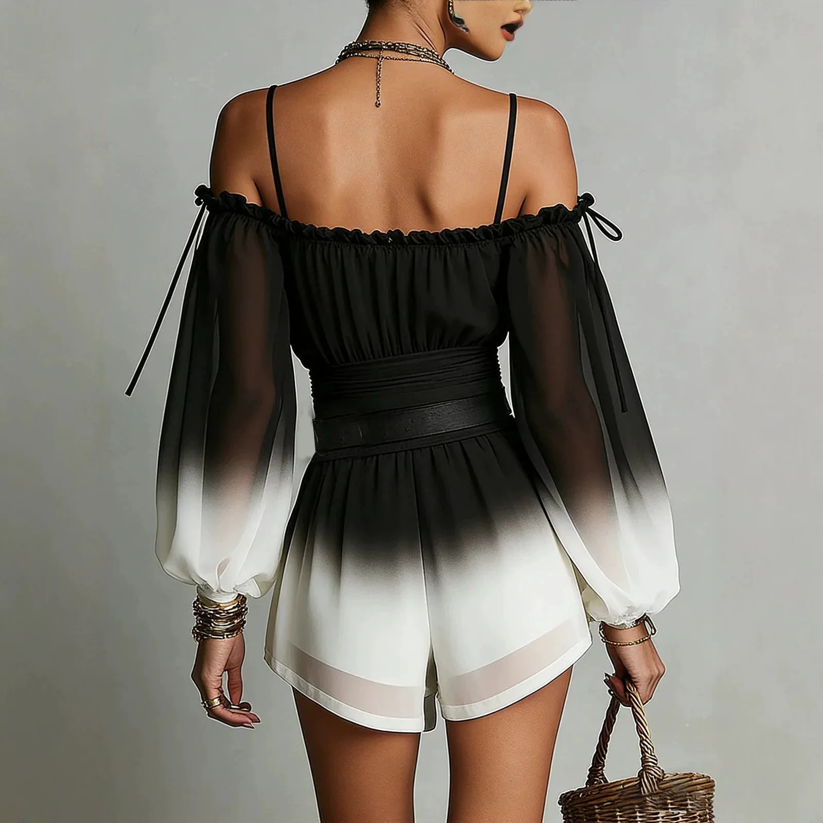 Boho Women's Ombre Chiffon Off Shoulder Romper Long Sleeve Sheer Sleeve Belted Gradient Playsuit Casual Summer Beach Outfit