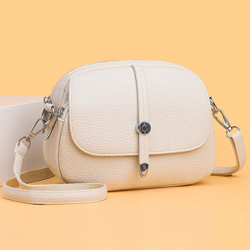 Wear-resistant PU leather women's single-shoulder bag, large-capacity multi-pocket round commuter crossbody bucket bag