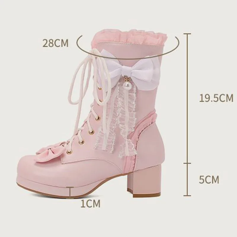 ORCHALISA Lolita Style Women Boots Round Toe Block Heels 5cm Lace Up Bowknot Small Size 31 32 33 Sweet Dating Mid Calf Booties