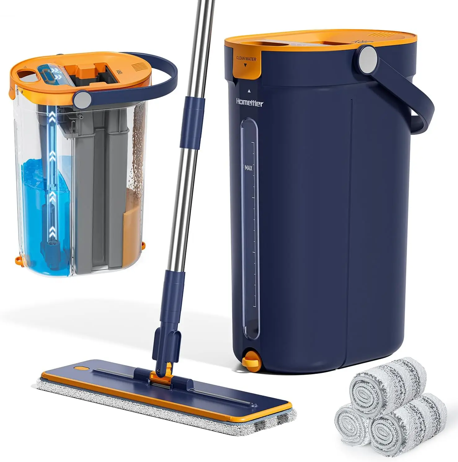 

3-Tank Flat Mop and Bucket Set with Wringer, Long Handle for Hands-Free Floor Cleaning, Includes 4 Microfiber Pads
