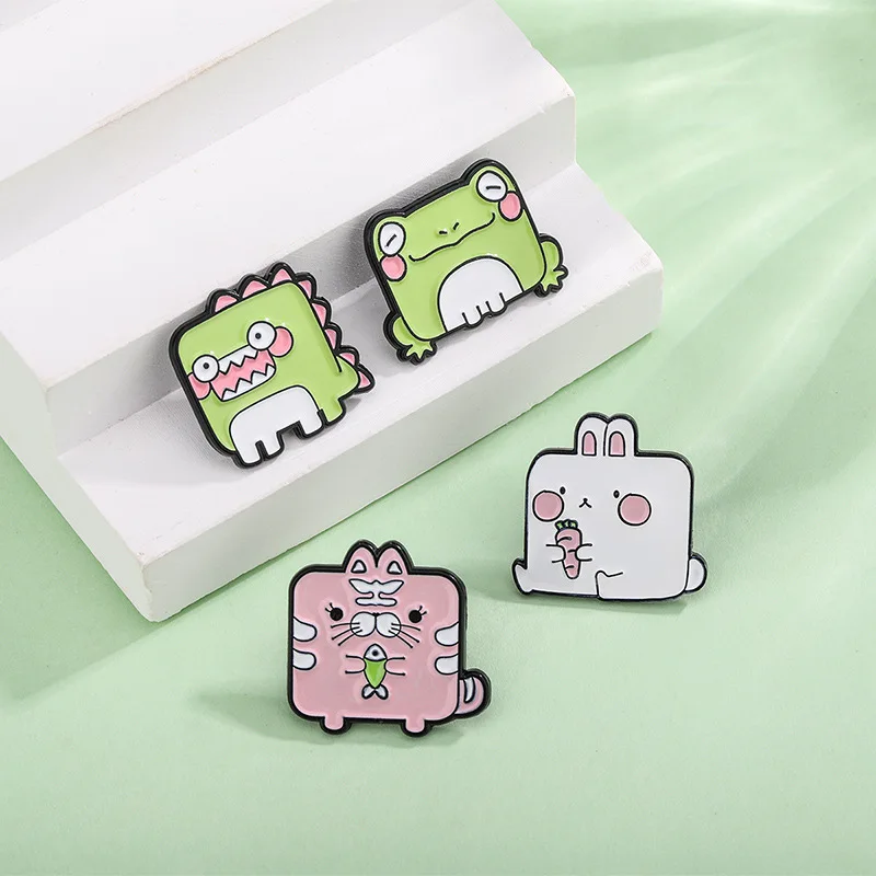 Creative Cartoon Cat Eating Fish Square Animal Metal Badge Ins Fashionable Little Green Frog Jumping Little Rabbit Radish Brooch