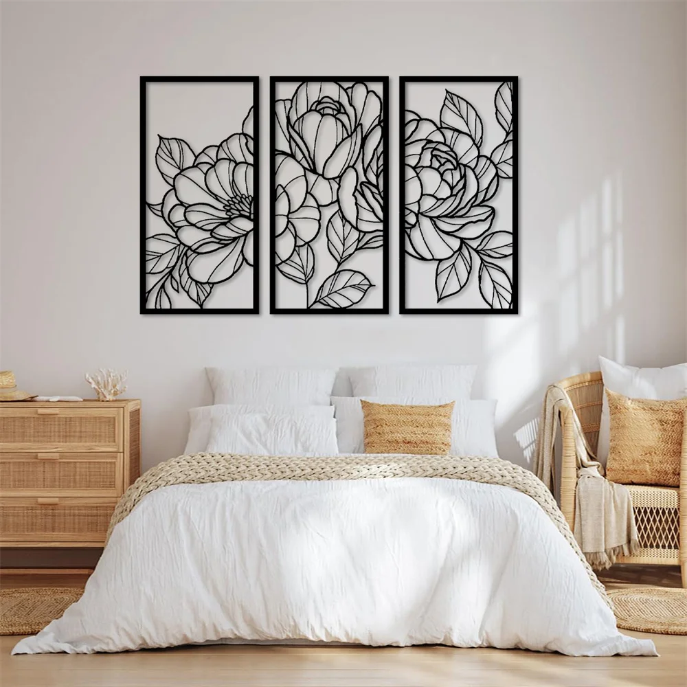 3 Panel Floral Poppy Flowers Metal Wall Art Decor Matte Black Wall Hanging Decor for Home Bedroom Living Room Wall Decoration