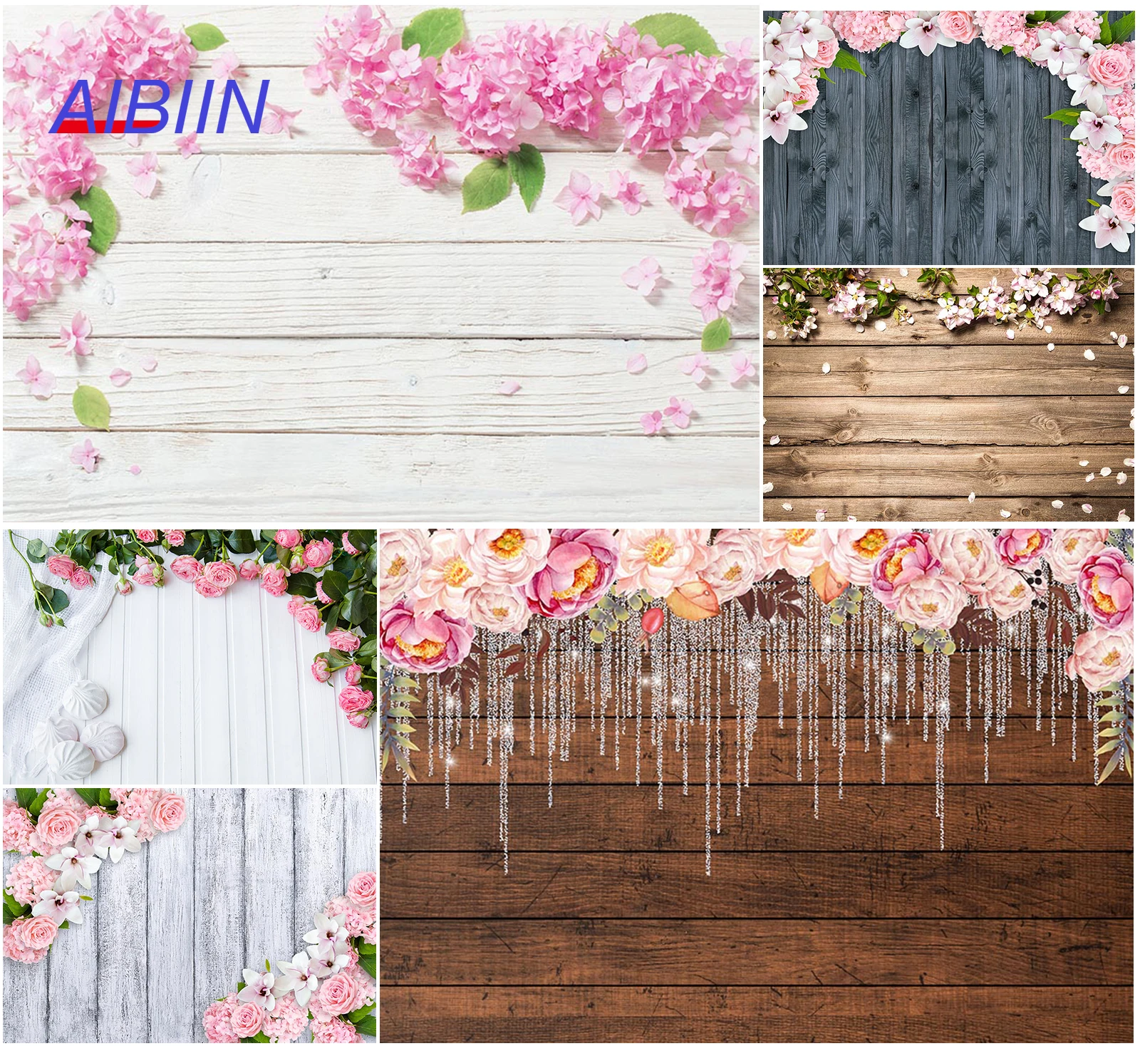 

Pink Flower Photography Background White Brown Wooden Wall Wedding Birthday Backdrop Party Decor Valentine Portrait Photocall