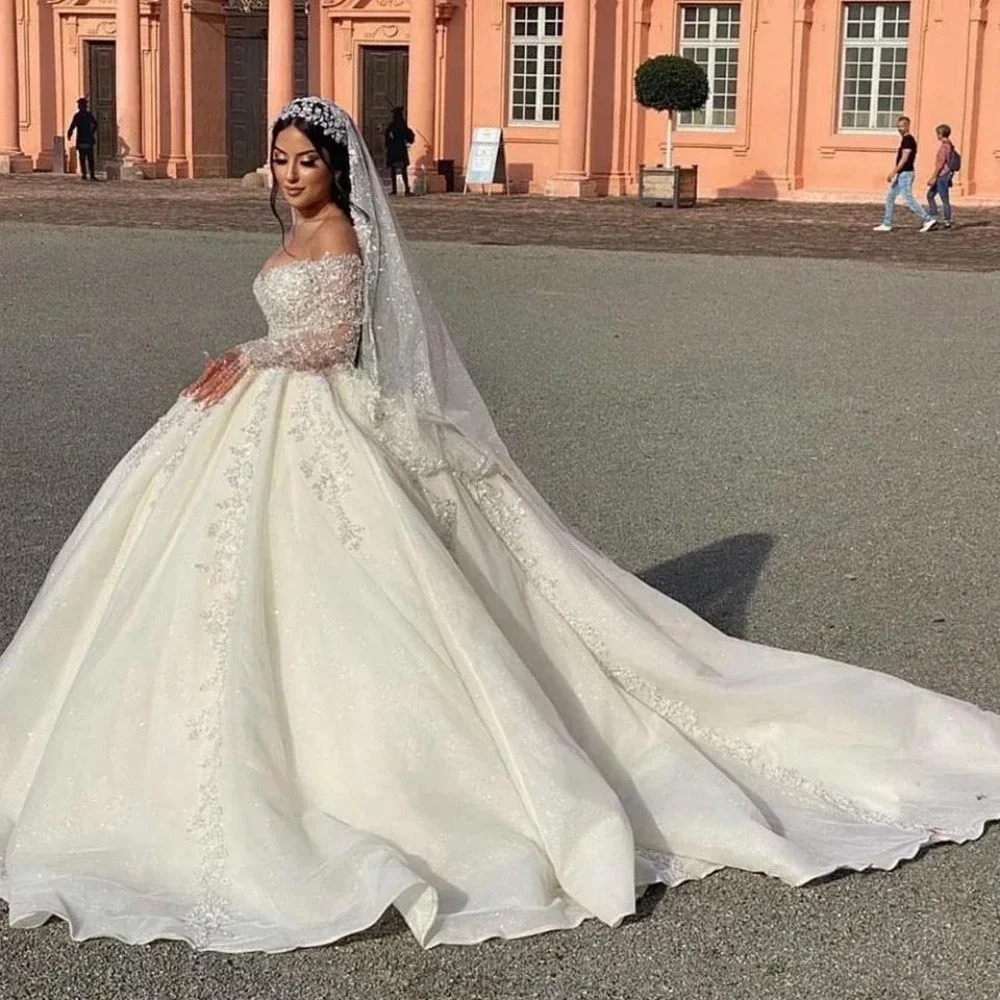 Sexy uit de schouder sprankelende pailletten kralen trouwjurk luxe baljurk lange mouw bruidsjurk vestido de novia aangepast