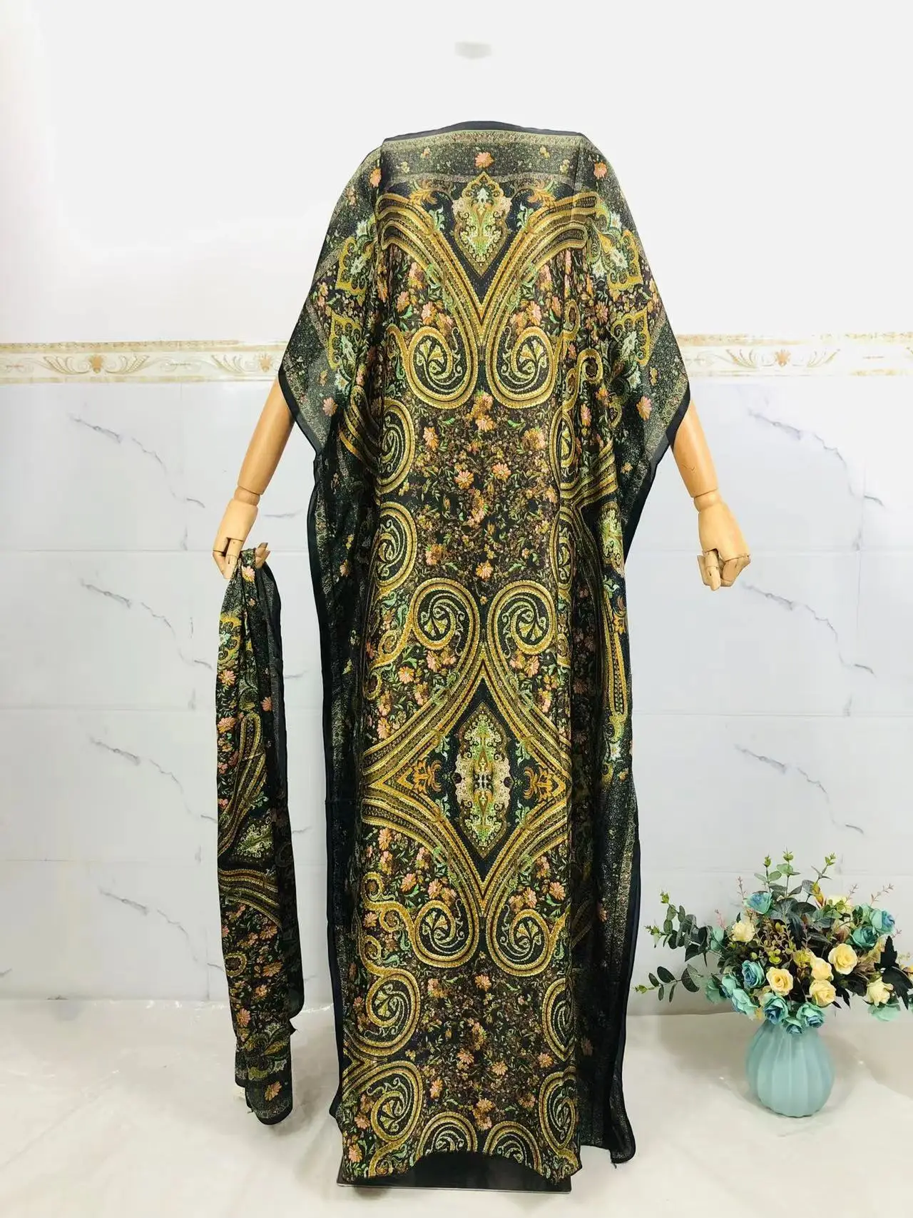 

2024 New Rayon Fashion Oversize African Women Clothing Dubai Dashiki Abaya Free Size Print Design With Scarf Loose Long Dress