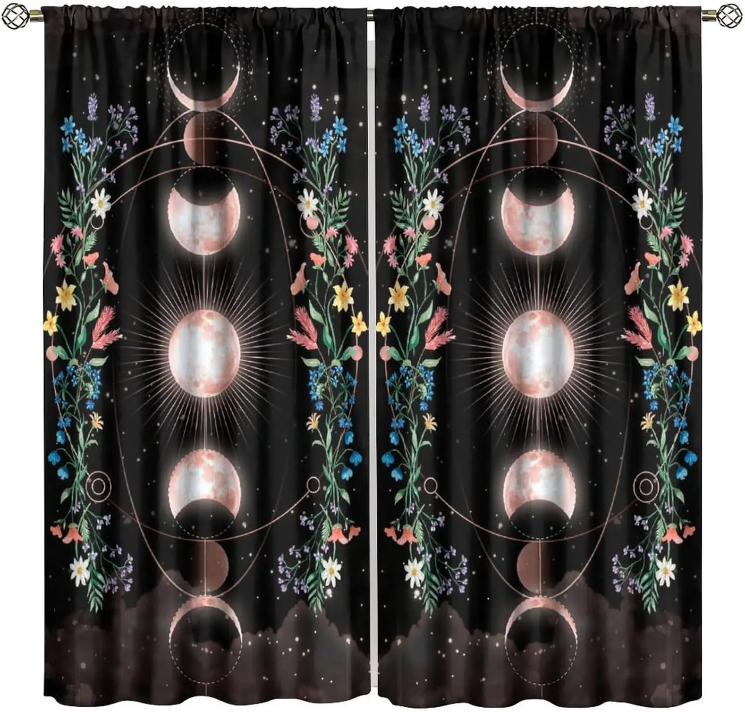 Floral Moon Phase Blackout Window Curtain Vintage Spring Botanical Starry Sky Stars Leaves Flowers Natural Art for Home Kitchen