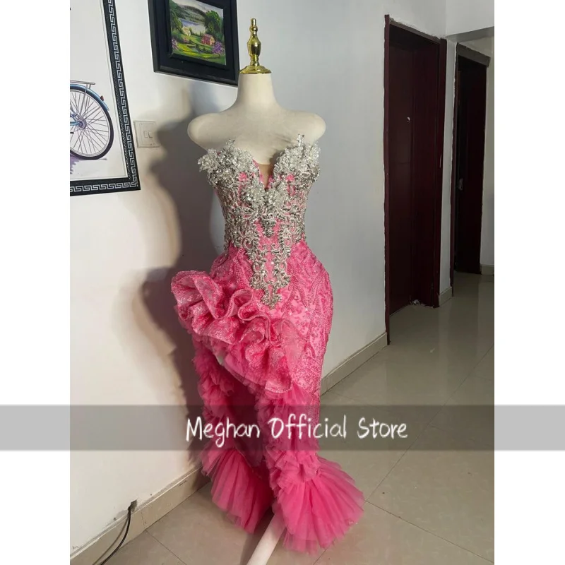 Custom Gorgeous Dreamy Pink Evening Gown Embroidered Strapless Beaded Prom Dress Engagement Dress School Prom Dress