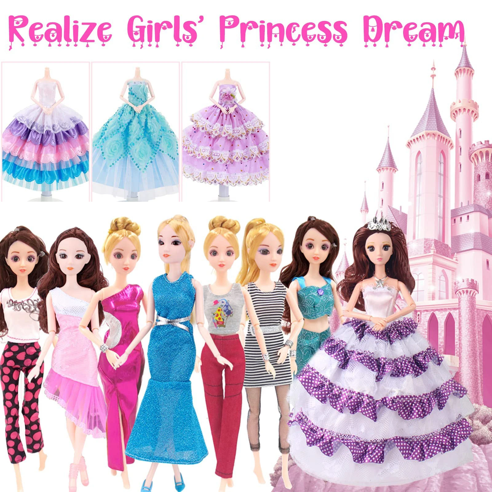 50 Pcs Doll Clothes Outfit for 11.5 Inch Doll, Doll Accessories Collection with 3 Princess Dresses+10 Dressest+6 Tops+6 Pants+5