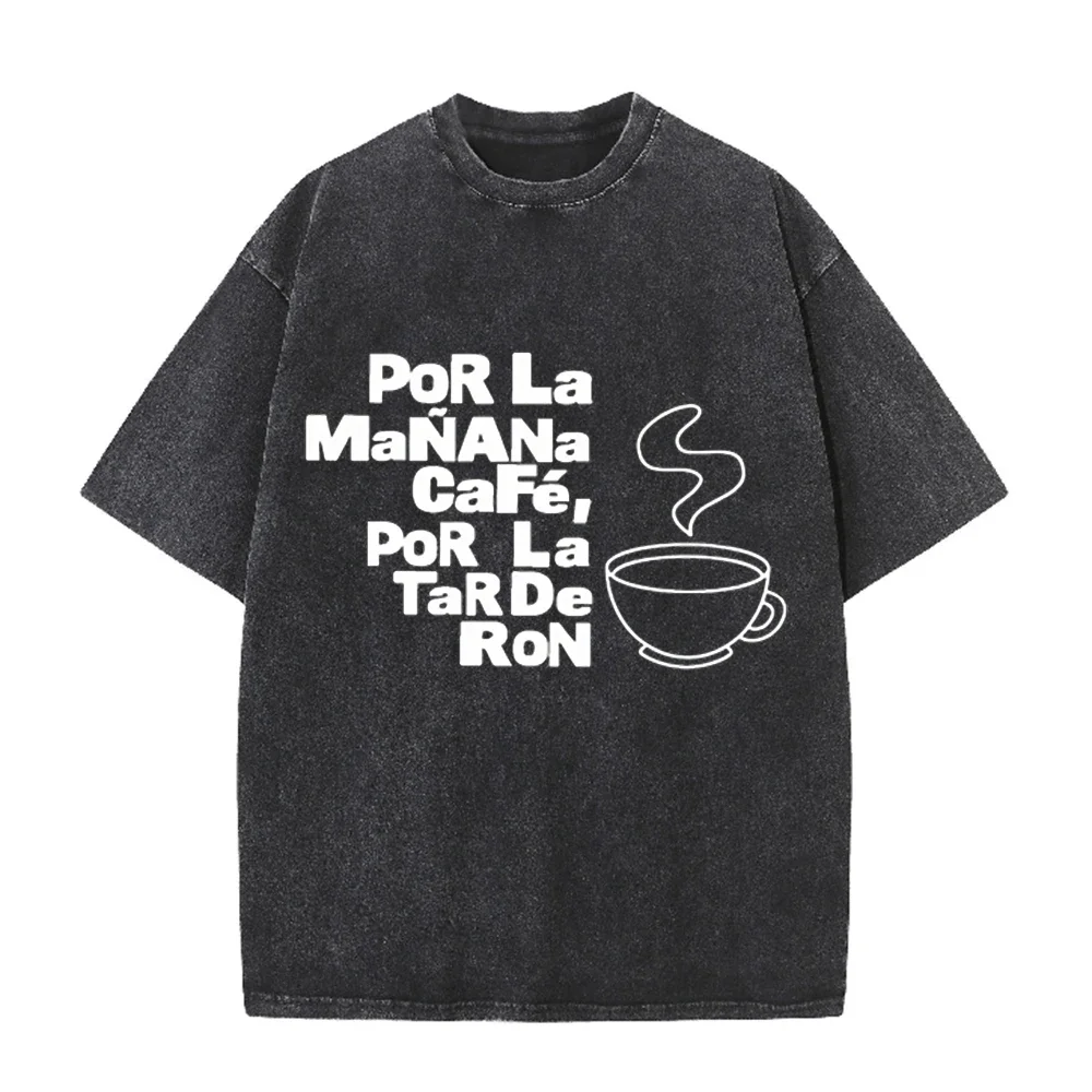 2026 Retro Washed Cotton Tshirt Men Women Funny Spanish Quote Coffee Cup Graphic Casual Short Sleeve Round Neck Vintage Casual T