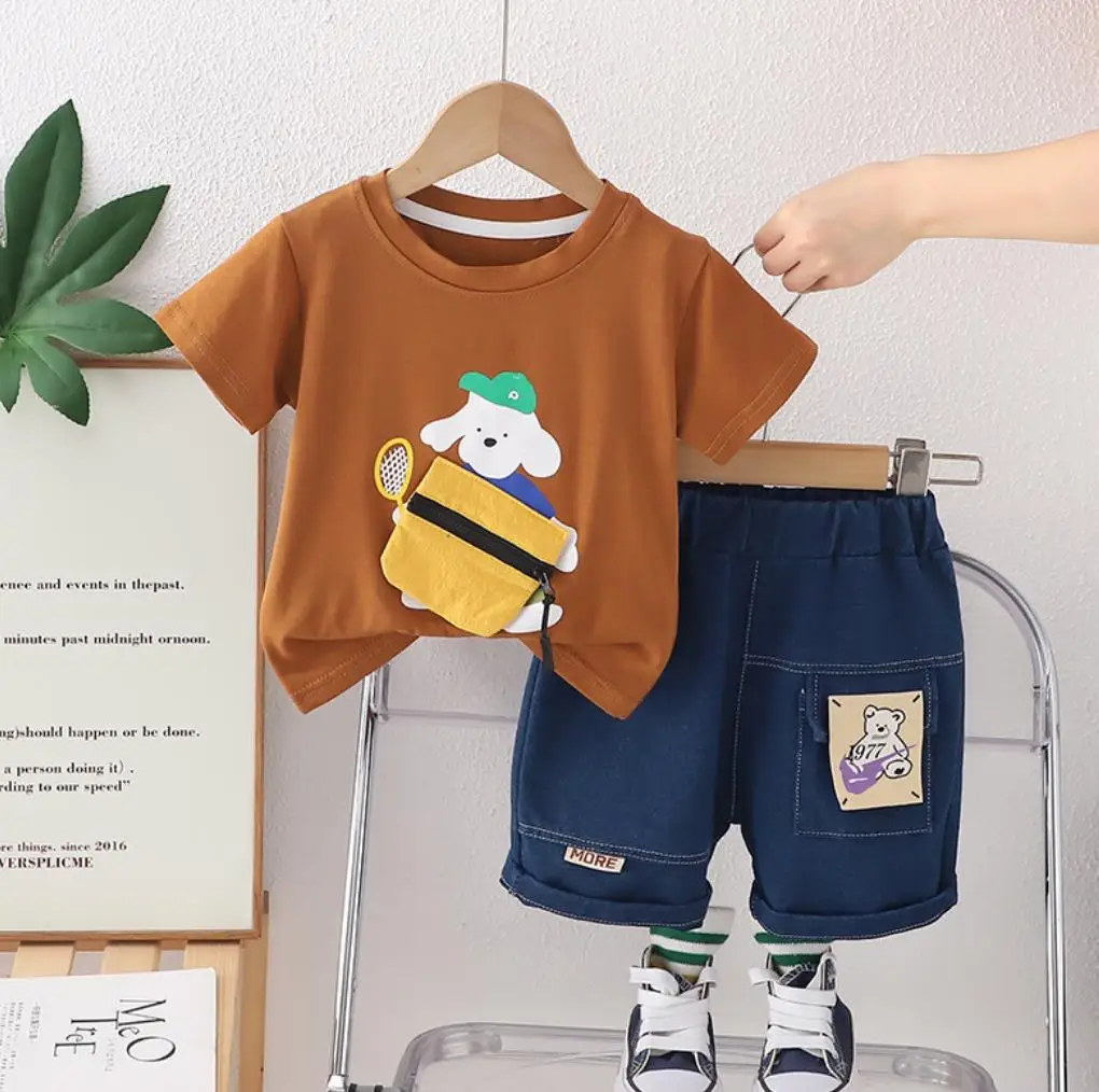 Boys Summer Sets Korean Style Clothes for Kids Handsome Cartoon Printed O-neck Short Sleeve T-shirts and Shorts Boutique Clothes