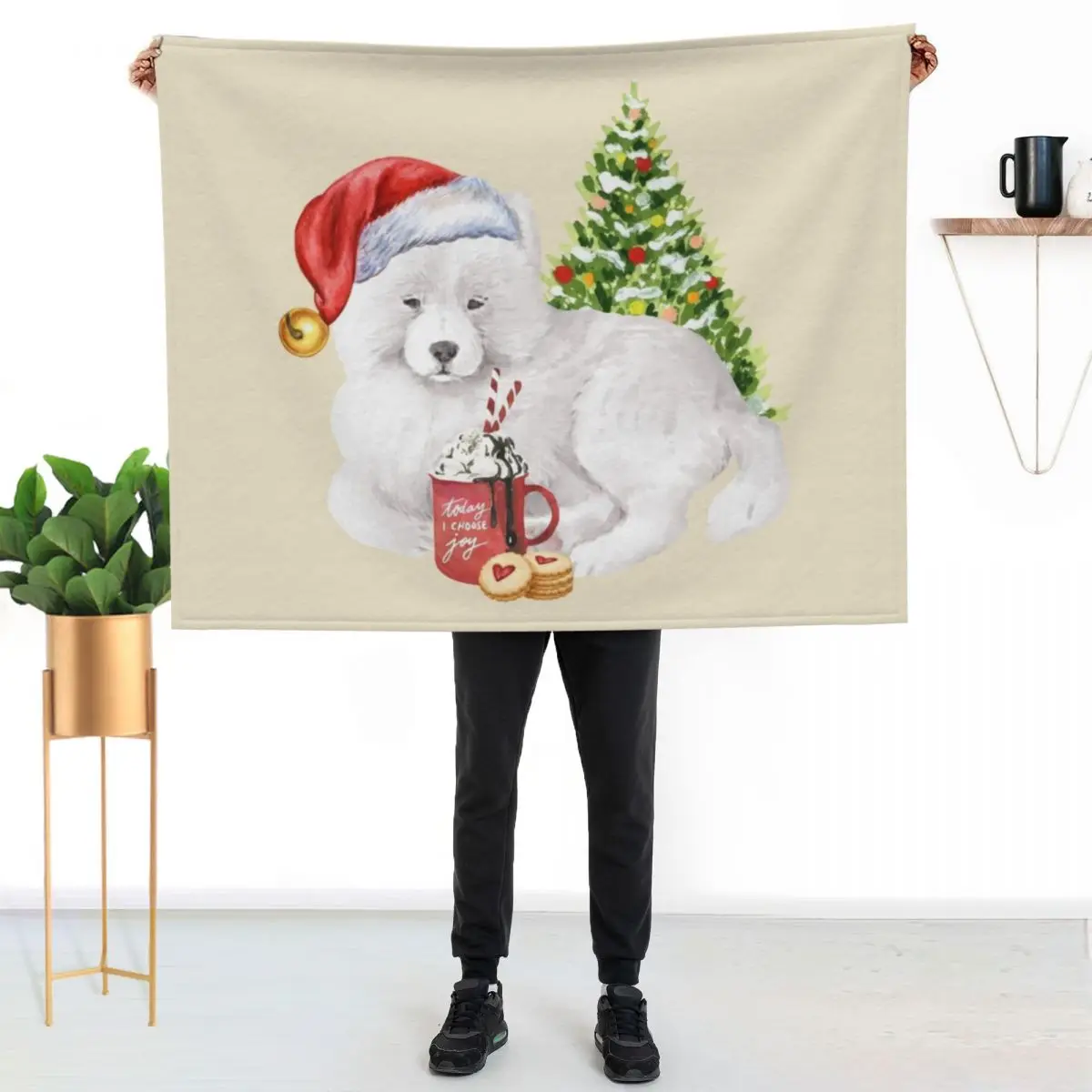 Samoyed Christmas : Samoyed With Christmas Tree And Hot Chocolate Throw Blanket valentine gift ideas Cute anime Hair Blankets
