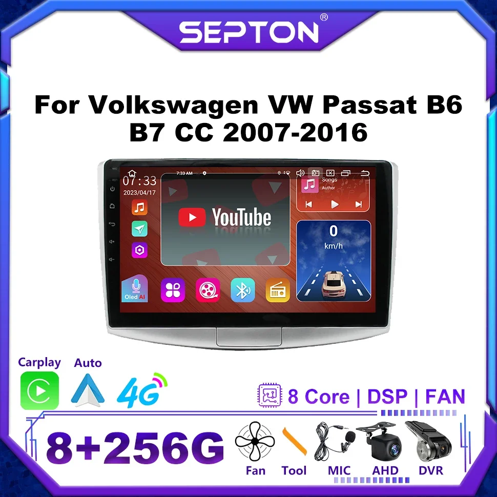 

SEPTON Android Auto Car Radio for Volkswagen VW Passat B6 B7 CC 2007-2016 8+256G 4G Carplay 8core BT Car Radio Multimedia Player