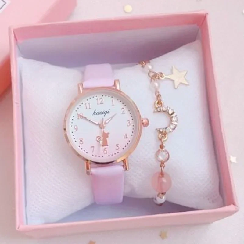 Jam tangan anak-anak 2024 jam tangan tali kulit modis pelajar jam tangan wanita lucu Dial kucing kartun anak-anak Set jam tangan kuarsa hadiah jam tangan anak-anak