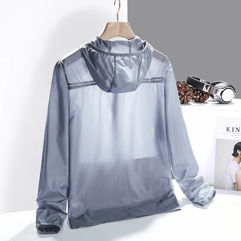 Men\'s Summer Elastic Ice Silk Clothing Sun Protection Sunscreen Clothing Ultra-thin Hooded Coat Outdoor Sports Fishing Jackets