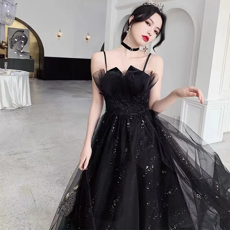 

Black Sequins Evening Party Dress Slim A-Line Elegant Female Spaghetti Straps Backless Tulle Long Banquet Formal Gowns Vestidos