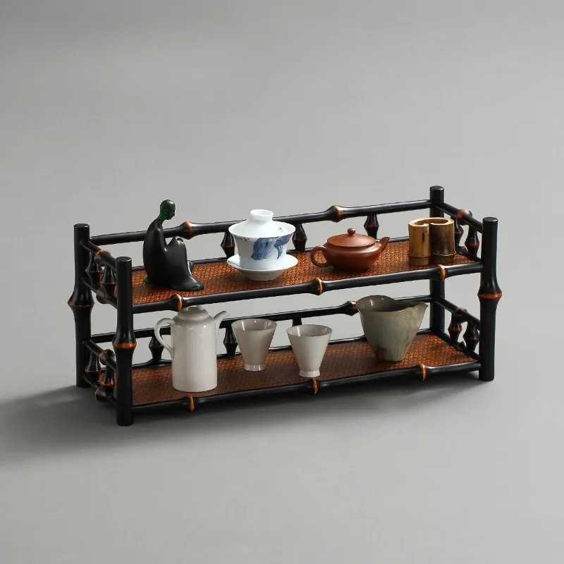 2-Tier Bamboo Tea Cup Teapot Storage Display Rack Household Tea Set Tabletop Multilayer Kitchen Counter Organizer Holder