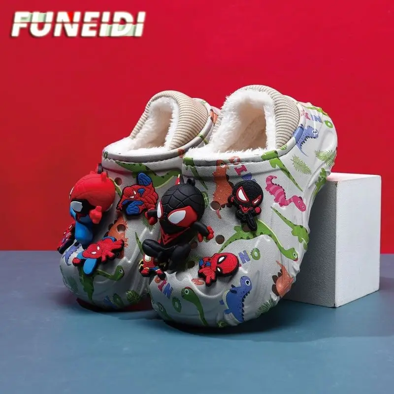Khaki Dino Print Warm Lined Clogs Sandals with 3D Spider-Man Shoe Charms Fuzzy Inside Non Slip Indoor Outdoor Slipper for Winter
