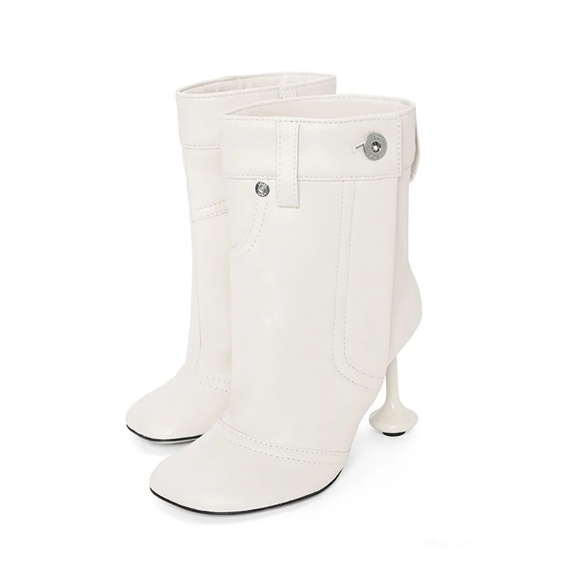 Arden Furtado 2024 Damskie duลผe rurowe krรณtkie buty Okrฤ
gลe palce Super wysoki obcas Patchwork Metalowa klamra Nowoczesne buty plisowane buty